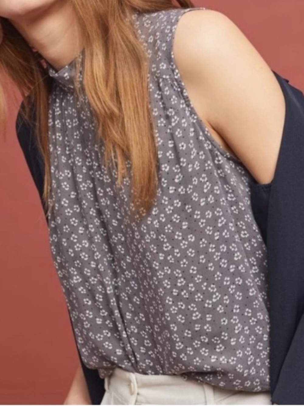 Anthropologie Cloth & Stone Liane Gray Mauve Floral Mock Neck Sleeveless Top, S